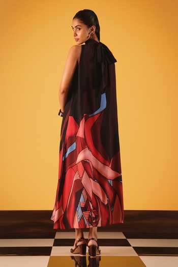 Shop_Satya Paul_Blue Crepe, Viscose Halter Neck Kabul Rose Print Dress _at_Aza_Fashions