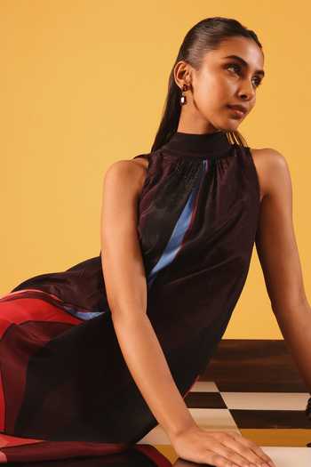 Buy_Satya Paul_Blue Crepe, Viscose Halter Neck Kabul Rose Print Dress _Online_at_Aza_Fashions