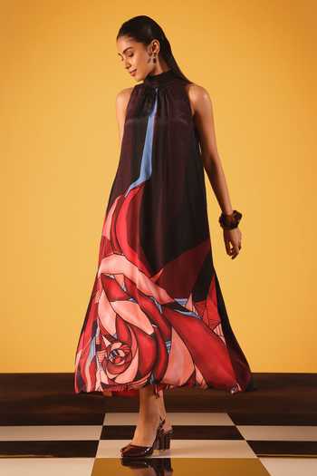 Shop_Satya Paul_Blue Crepe, Viscose Halter Neck Kabul Rose Print Dress _Online_at_Aza_Fashions