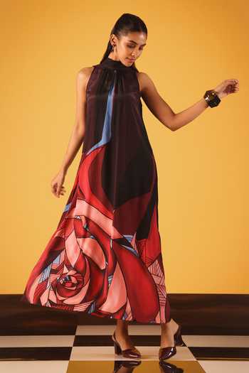 Satya Paul_Blue Crepe, Viscose Halter Neck Kabul Rose Print Dress _at_Aza_Fashions