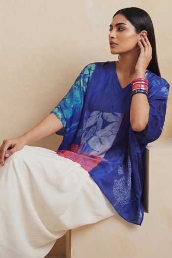 Shop_Satya Paul_Blue Crepe, Viscose V-neck Indigo Fern Print Kaftan _Online_at_Aza_Fashions