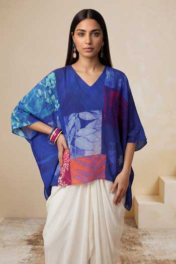 Buy_Satya Paul_Blue Crepe, Viscose V-neck Indigo Fern Print Kaftan _at_Aza_Fashions