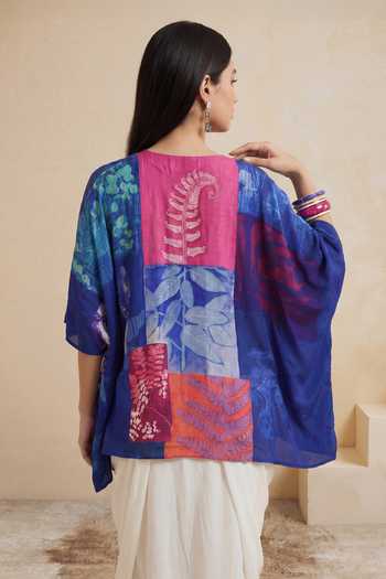 Shop_Satya Paul_Blue Crepe, Viscose V-neck Indigo Fern Print Kaftan _at_Aza_Fashions