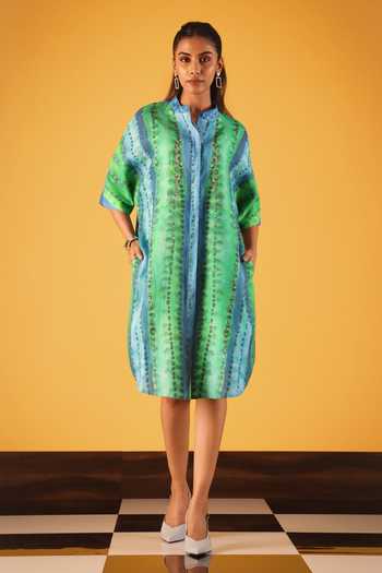 Buy_Satya Paul_Blue Linen, Viscose Fabric Flowers Mandarin Collar Desert Mirage Print Tunic _at_Aza_Fashions