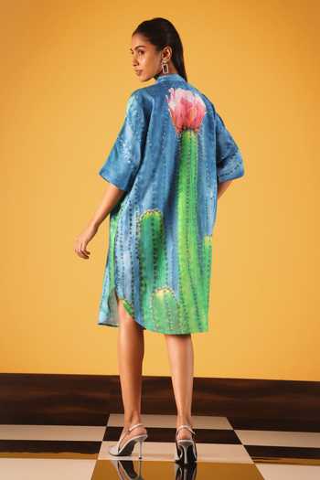 Shop_Satya Paul_Blue Linen, Viscose Fabric Flowers Mandarin Collar Desert Mirage Print Tunic _at_Aza_Fashions