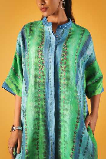 Buy_Satya Paul_Blue Linen, Viscose Fabric Flowers Mandarin Collar Desert Mirage Print Tunic _Online_at_Aza_Fashions