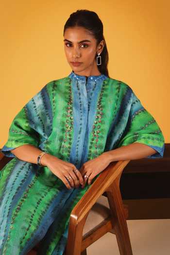 Shop_Satya Paul_Blue Linen, Viscose Fabric Flowers Mandarin Collar Desert Mirage Print Tunic _Online_at_Aza_Fashions
