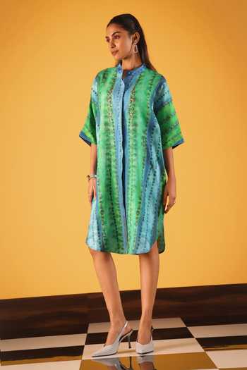 Satya Paul_Blue Linen, Viscose Fabric Flowers Mandarin Collar Desert Mirage Print Tunic _at_Aza_Fashions