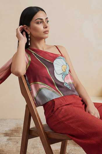 Satya Paul_Multi Color Satin Halter Neck Magenta Prism Top _Online_at_Aza_Fashions