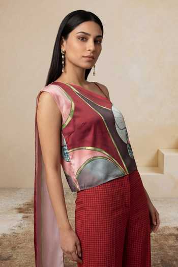 Buy_Satya Paul_Multi Color Satin Halter Neck Magenta Prism Top _Online_at_Aza_Fashions