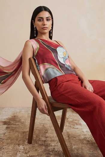 Satya Paul_Multi Color Satin Halter Neck Magenta Prism Top _at_Aza_Fashions