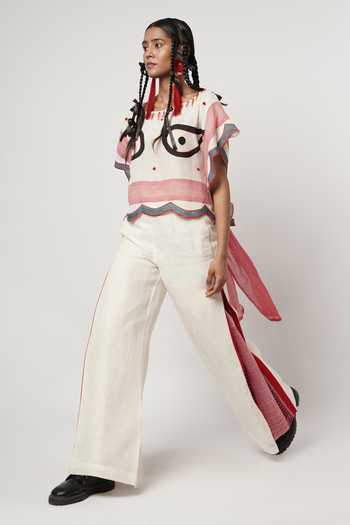 Buy_Shwetanga_Blue Cotton, Linen Embroidery Square Neck Eye Patchwork Kaftan And Pant Set _at_Aza_Fashions