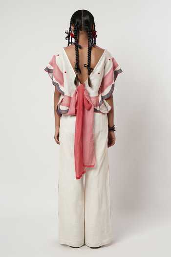 Shop_Shwetanga_Blue Cotton, Linen Embroidery Square Neck Eye Patchwork Kaftan And Pant Set _at_Aza_Fashions