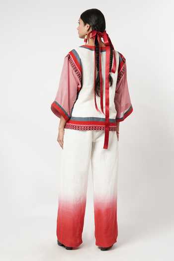 Shop_Shwetanga_Ivory Cotton, Linen V-neck Ombre Panelled Top And Pant Set _at_Aza_Fashions