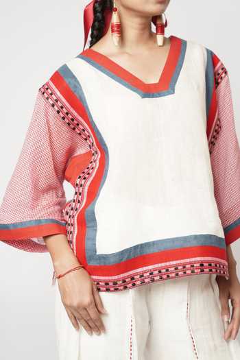 Buy_Shwetanga_Ivory Cotton, Linen V-neck Ombre Panelled Top And Pant Set _Online_at_Aza_Fashions