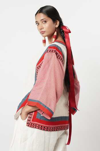 Shop_Shwetanga_Ivory Cotton, Linen V-neck Ombre Panelled Top And Pant Set _Online_at_Aza_Fashions
