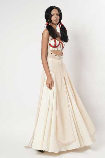 Buy_Shwetanga_Red Cotton Embroidery, Beads Round Neck, Mesh Embellished Kurta Sharara Set _Online_at_Aza_Fashions