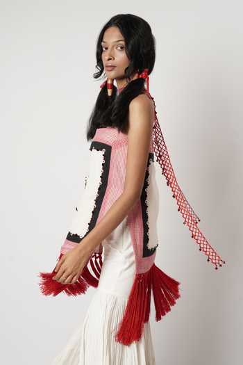 Shop_Shwetanga_Red Cotton, Linen Beads, Fringe Bandeau Neck Embroidered Kurta Sharara Set _Online_at_Aza_Fashions