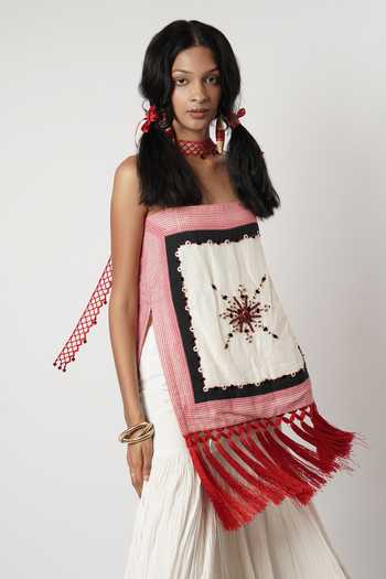 Shwetanga_Red Cotton, Linen Beads, Fringe Bandeau Neck Embroidered Kurta Sharara Set _at_Aza_Fashions