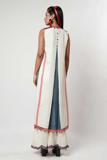 Shop_Shwetanga_Ivory Cotton, Linen Keyhole Neck Scallop Bordered Cape Sharara Set _at_Aza_Fashions