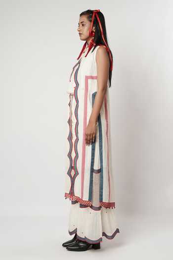 Shwetanga_Ivory Cotton, Linen Keyhole Neck Scallop Bordered Cape Sharara Set _Online_at_Aza_Fashions