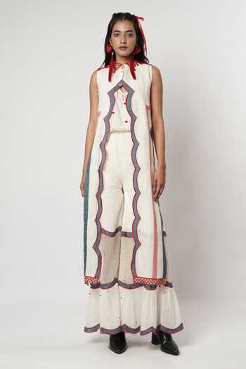 Buy_Shwetanga_Ivory Cotton, Linen Keyhole Neck Scallop Bordered Cape Sharara Set _Online_at_Aza_Fashions