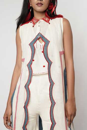 Shwetanga_Ivory Cotton, Linen Keyhole Neck Scallop Bordered Cape Sharara Set _at_Aza_Fashions