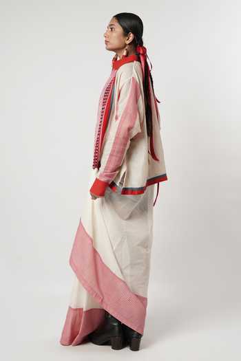Shop_Shwetanga_Red Cotton, Linen Beads Collared Checkered Pattern Shirt Skirt Set _at_Aza_Fashions
