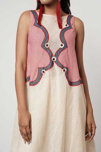 Shop_Shwetanga_Ivory Cotton, Linen Beads No Gamcha Scalloped Tunic And Pant Set 