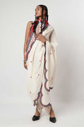 Shwetanga_Blue Cotton Metallic Thread, Applique High Scalloped Draped Dhoti Saree With Top _Online_at_Aza_Fashions
