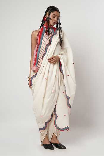 Buy_Shwetanga_Blue Cotton Metallic Thread, Applique High Scalloped Draped Dhoti Saree With Top _Online_at_Aza_Fashions