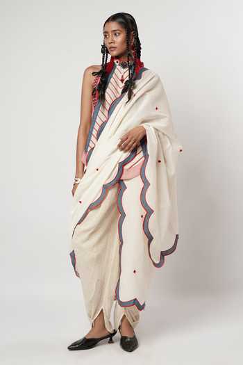 Buy_Shwetanga_Blue Cotton Metallic Thread, Applique High Scalloped Draped Dhoti Saree With Top _at_Aza_Fashions