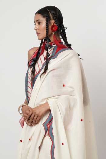 Shop_Shwetanga_Blue Cotton Metallic Thread, Applique High Scalloped Draped Dhoti Saree With Top _Online_at_Aza_Fashions