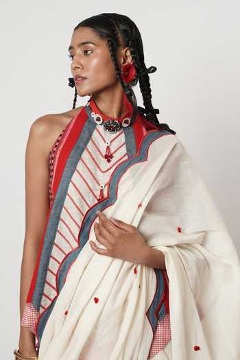Buy_Shwetanga_Blue Cotton Metallic Thread, Applique High Scalloped Draped Dhoti Saree With Top 
