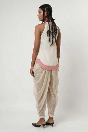 Shop_Shwetanga_Ivory Cotton, Linen Tassels, Applique, Metallic Panelled Top And Dhoti Pant Set _at_Aza_Fashions