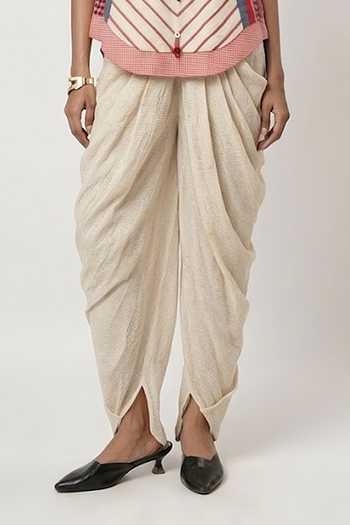 Shwetanga_Ivory Cotton, Linen Tassels, Applique, Metallic Panelled Top And Dhoti Pant Set _Online_at_Aza_Fashions