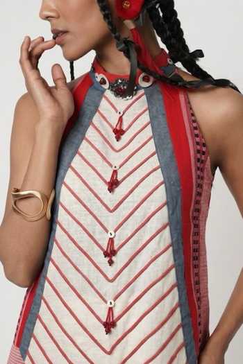 Buy_Shwetanga_Ivory Cotton, Linen Tassels, Applique, Metallic Panelled Top And Dhoti Pant Set _Online_at_Aza_Fashions
