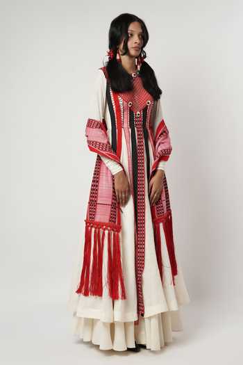 Buy_Shwetanga_Ivory Cotton Tassels, Fringe Round Neck Floating Panelled Anarkali Sharara Set _Online_at_Aza_Fashions