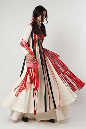 Shwetanga_Ivory Cotton Tassels, Fringe Round Neck Floating Panelled Anarkali Sharara Set _at_Aza_Fashions