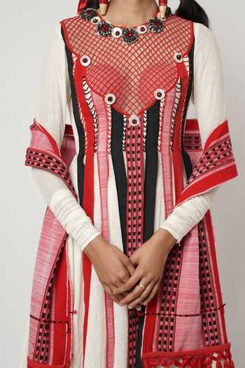 Buy_Shwetanga_Ivory Cotton Tassels, Fringe Round Neck Floating Panelled Anarkali Sharara Set 