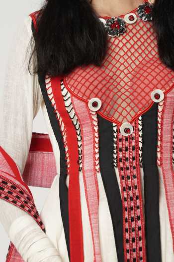 Shop_Shwetanga_Ivory Cotton Tassels, Fringe Round Neck Floating Panelled Anarkali Sharara Set 