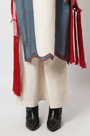 Shwetanga_Blue Cotton, Linen Embroidery, Tassels Boat Neck Colorblock Kurta Set _Online_at_Aza_Fashions