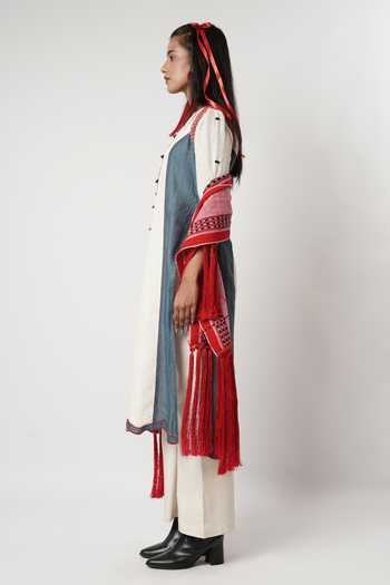 Buy_Shwetanga_Blue Cotton, Linen Embroidery, Tassels Boat Neck Colorblock Kurta Set _Online_at_Aza_Fashions