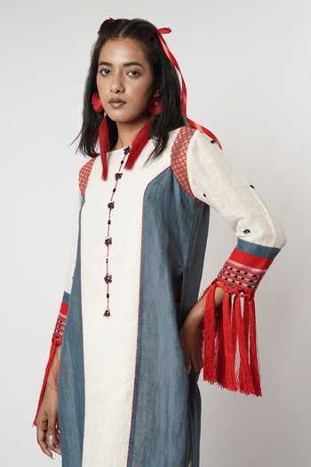 Shop_Shwetanga_Blue Cotton, Linen Embroidery, Tassels Boat Neck Colorblock Kurta Set _Online_at_Aza_Fashions