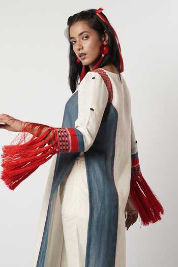 Shwetanga_Blue Cotton, Linen Embroidery, Tassels Boat Neck Colorblock Kurta Set _at_Aza_Fashions