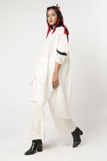 Shwetanga_Ivory Cotton, Linen Embroidery Split V-neck Kurta And Pant Set _Online_at_Aza_Fashions