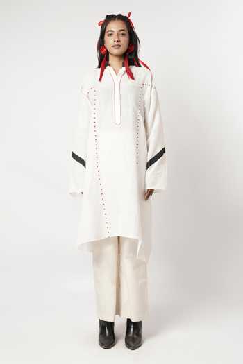 Buy_Shwetanga_Ivory Cotton, Linen Embroidery Split V-neck Kurta And Pant Set _Online_at_Aza_Fashions
