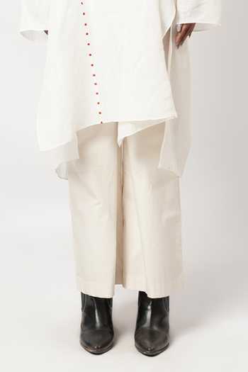 Shop_Shwetanga_Ivory Cotton, Linen Embroidery Split V-neck Kurta And Pant Set _Online_at_Aza_Fashions