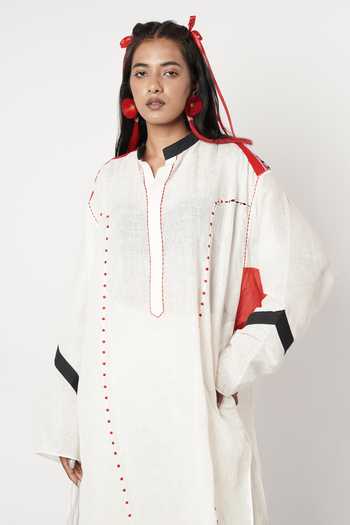 Shwetanga_Ivory Cotton, Linen Embroidery Split V-neck Kurta And Pant Set _at_Aza_Fashions