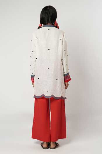 Shop_Shwetanga_Ivory Cotton, Linen Beads V-neck Yoke Embellished Kurta And Pant Set _at_Aza_Fashions